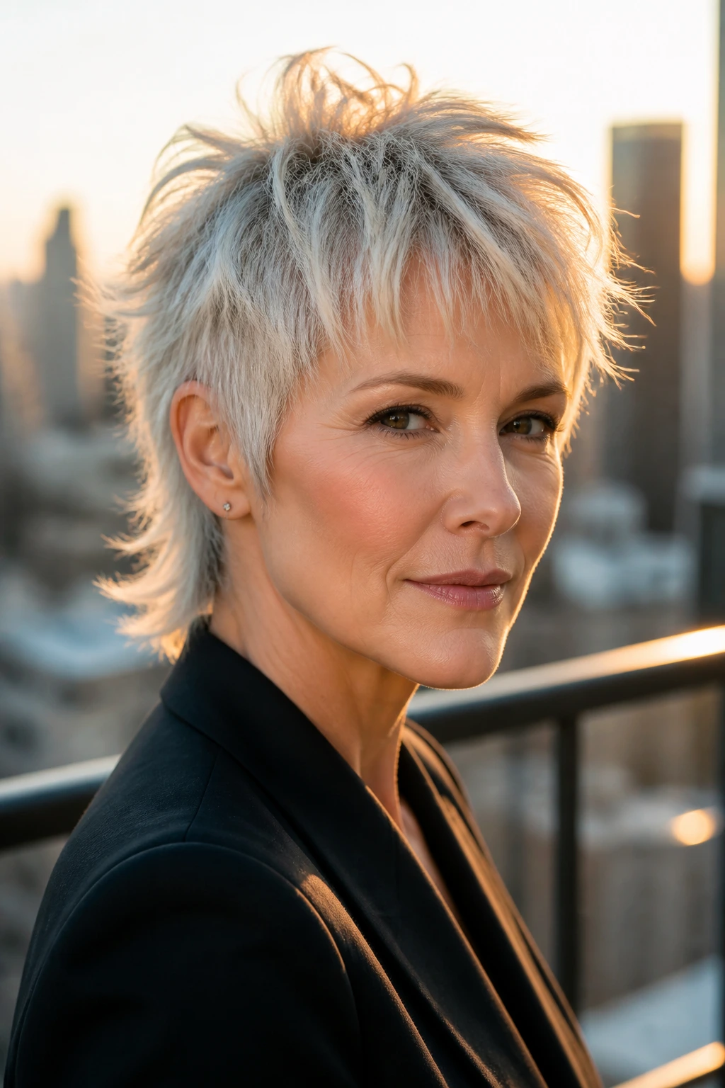 Medium-close portrait of a real woman with razor-edge pixie mullet