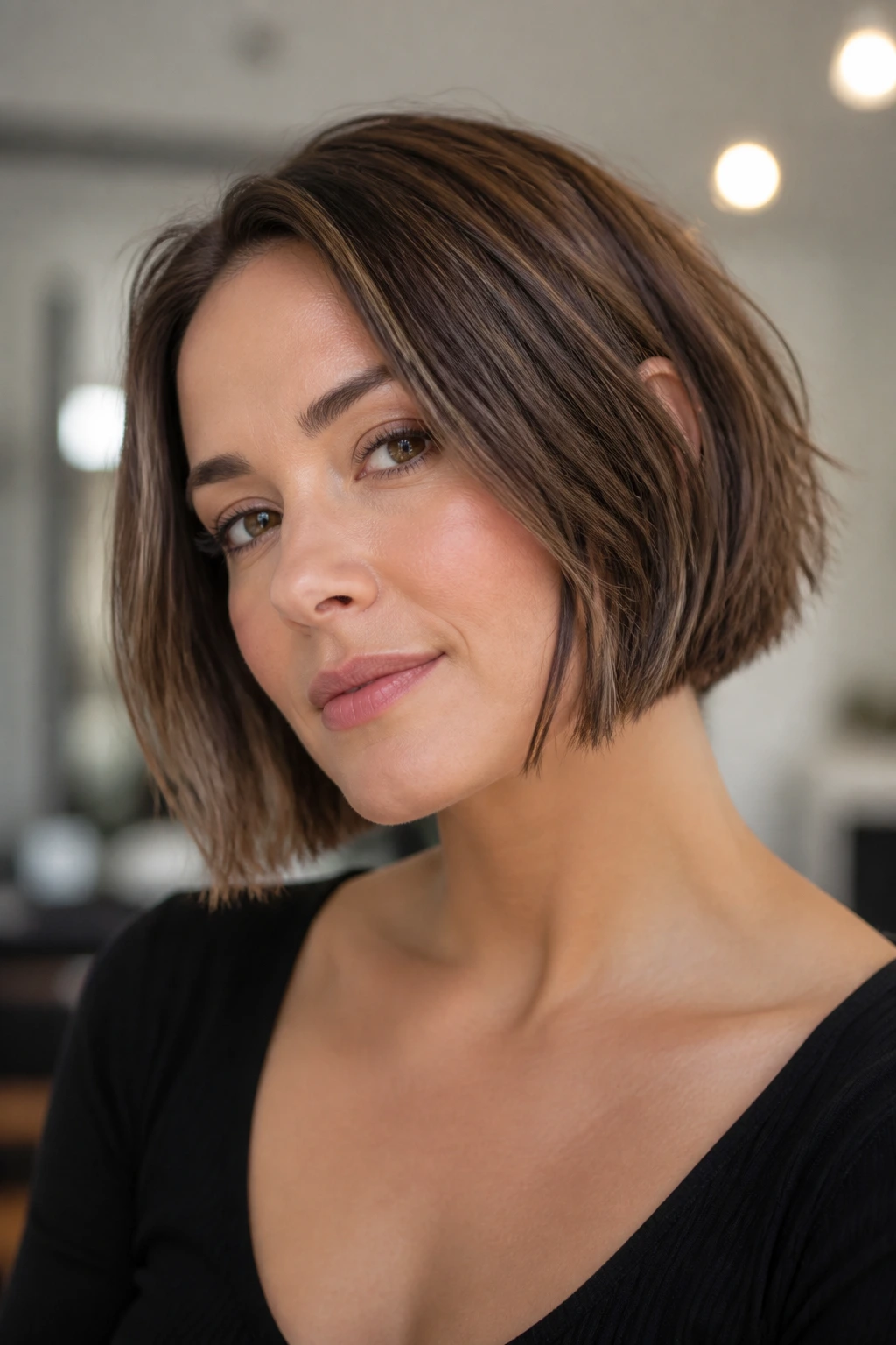 Portrait of a woman with razor-edged jaw-skimming bob