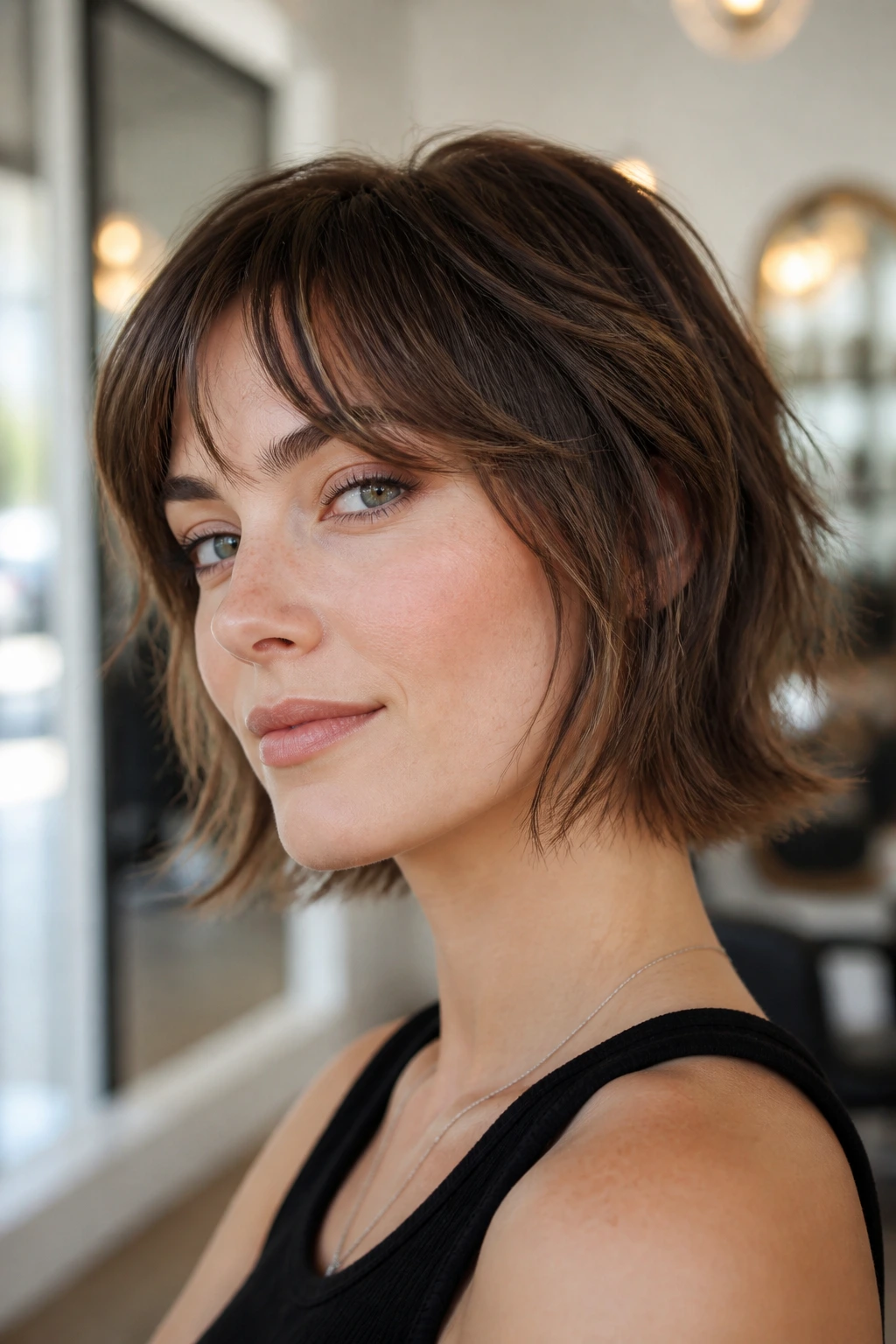 Close-up of a real person with razor-edged chin-length wolf in bright salon