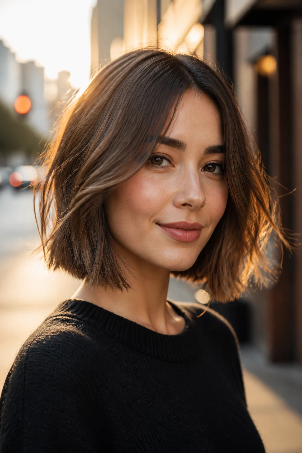 Close-up portrait of a real person with Razor Edged Lob hairstyle on a city street
