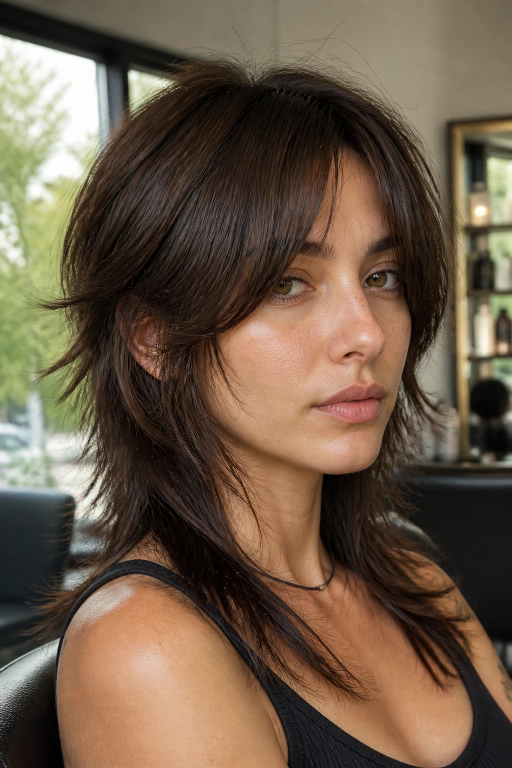 Portrait of a real woman with razor-edged mullet and curtain bangs