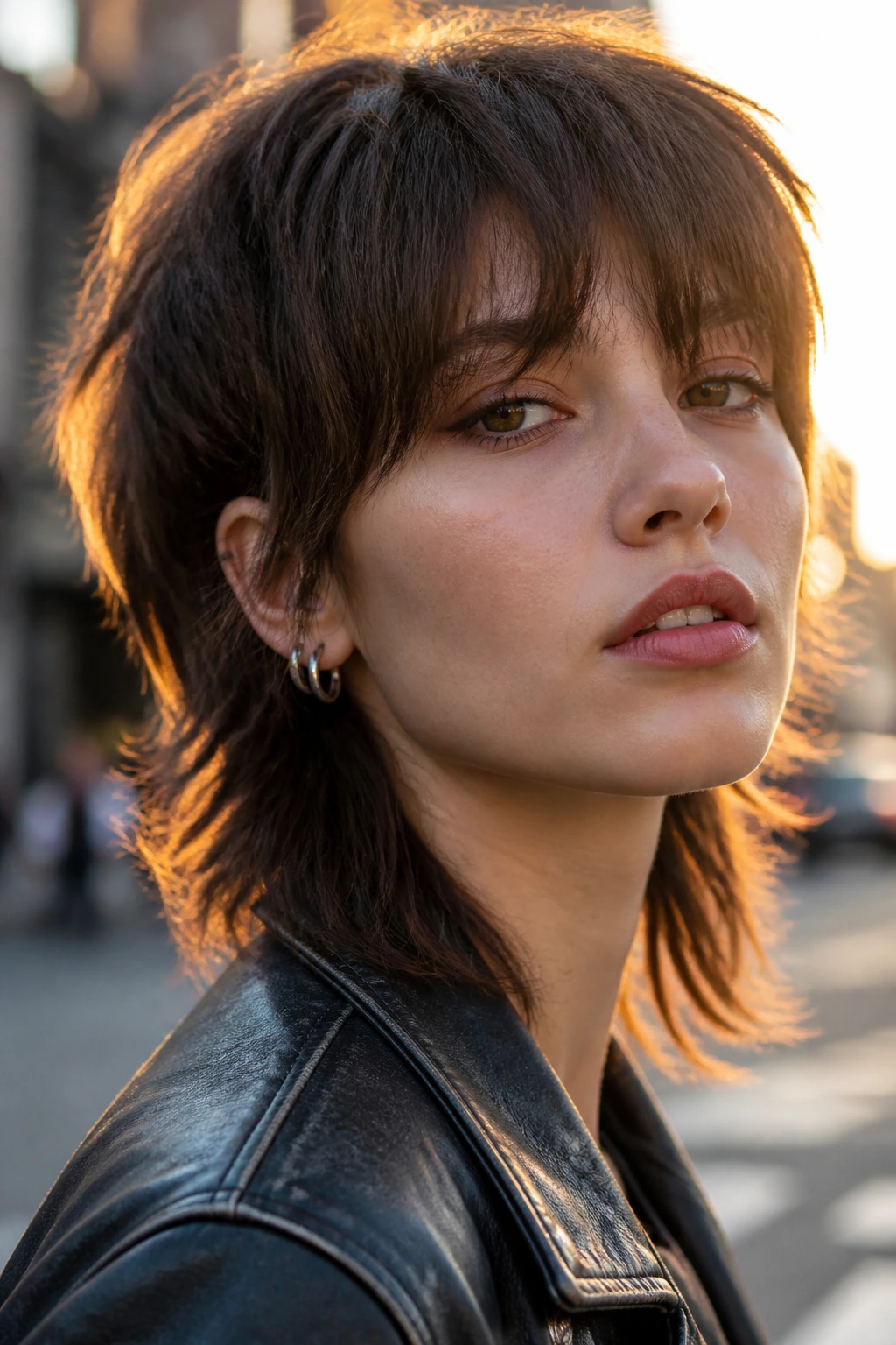 Close-up portrait of a real person with a razor-edged mullet on a city street backdrop.