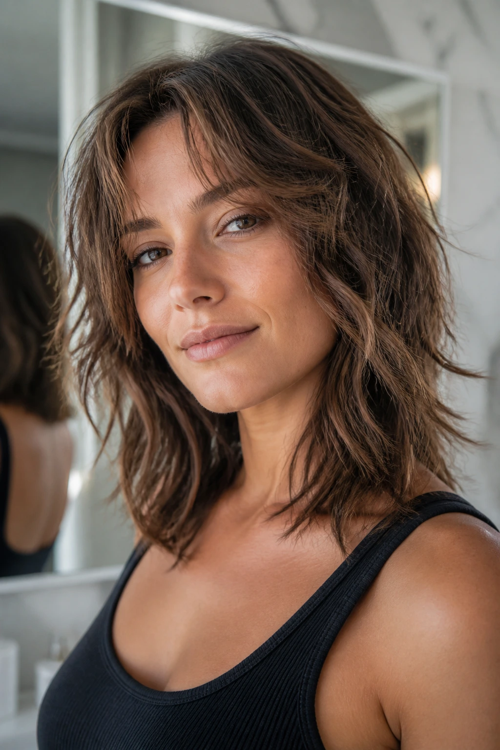 Close-up of a real woman with razor-edged wavy shag showing feathered ends
