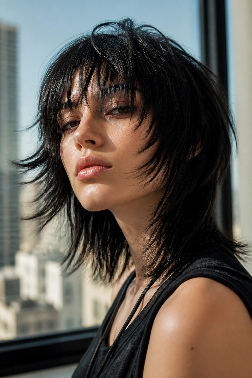 Portrait of a real person with razor-edged shag showing jagged layers
