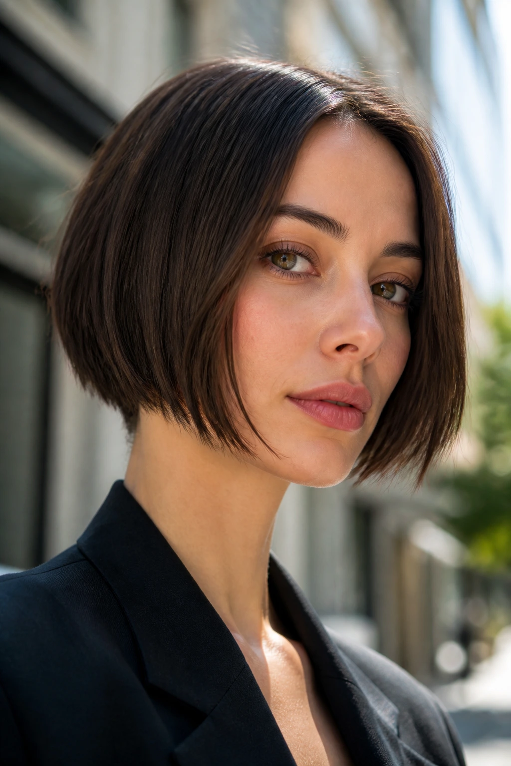 Portrait of a real woman with a razor-edged short bob hairstyle