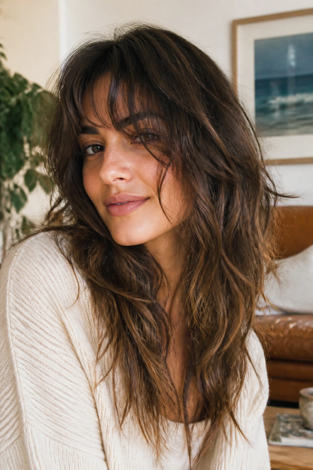 Portrait of a woman with razor-edged wolf shag on long wavy hair