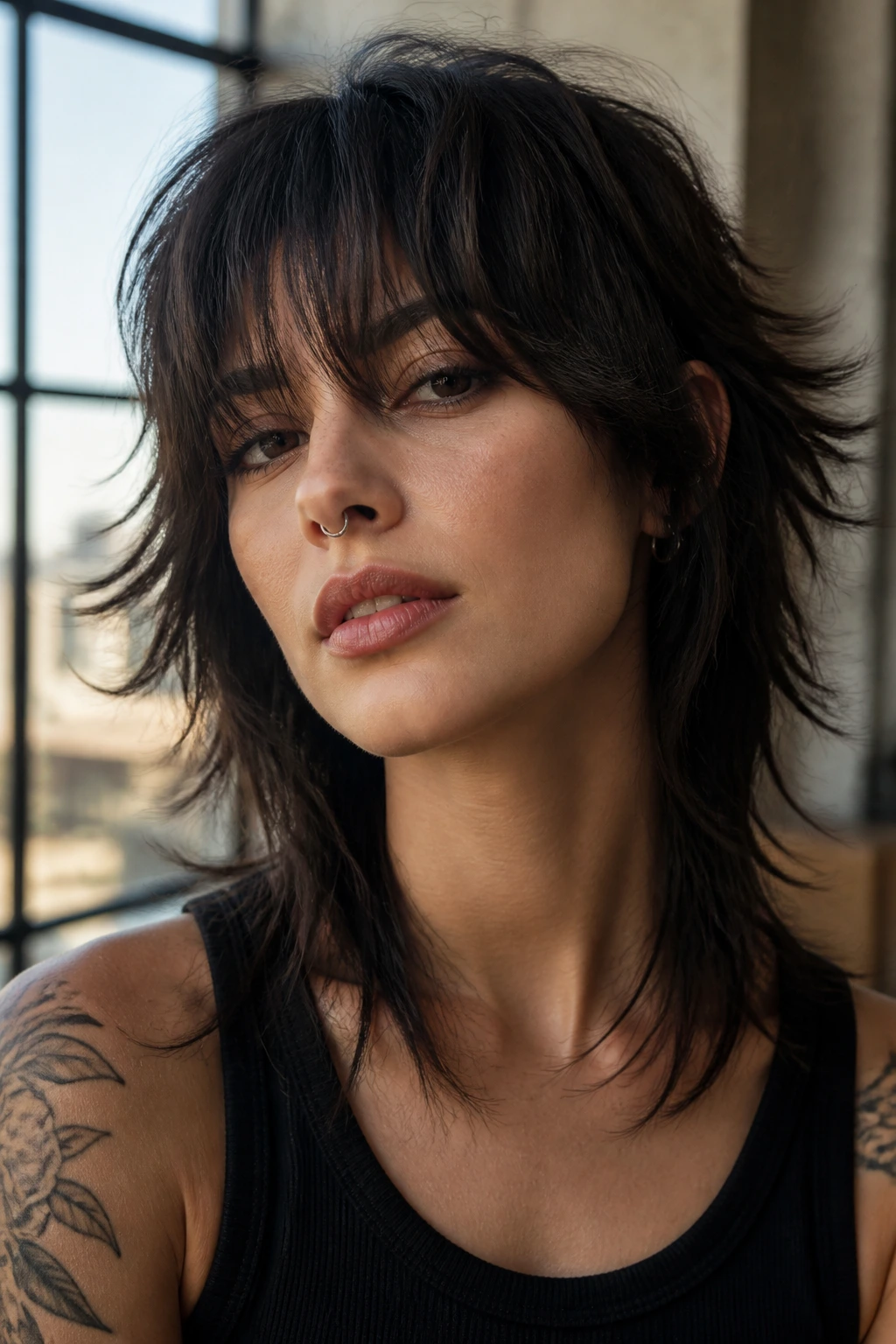 Portrait of a person with razor-edged wispy wolf-shag hybrid haircut