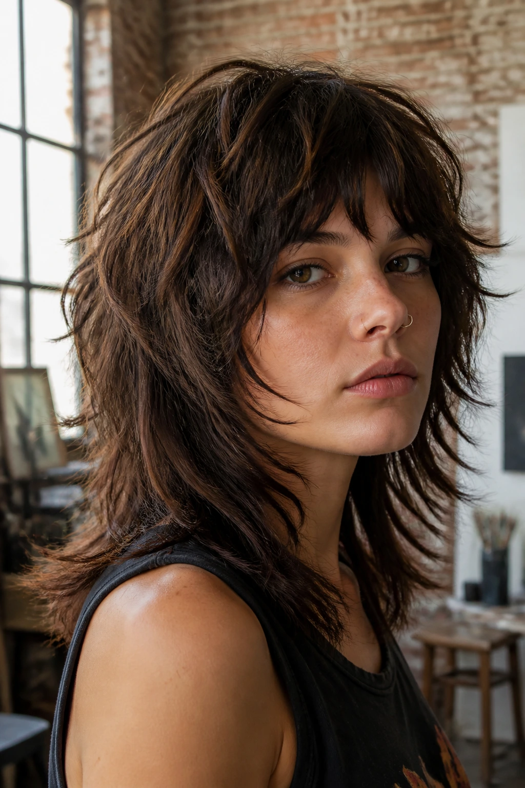 Real person with razor-edged wolf shag hairstyle