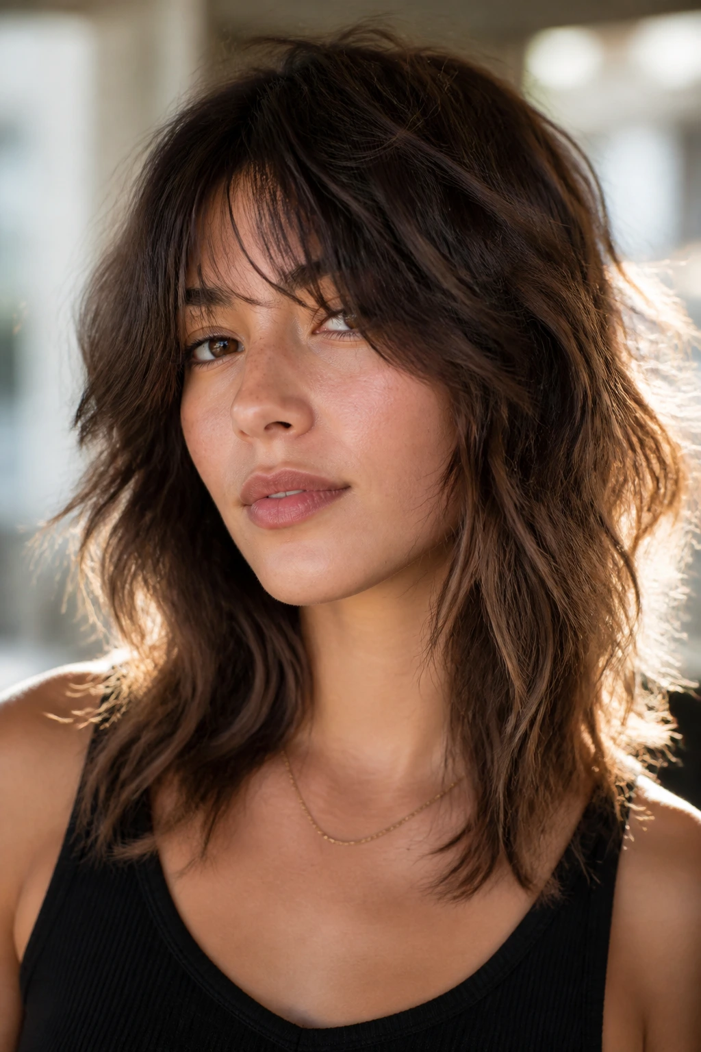 Close-up of a real woman with razor-ended long shag and textured ends.