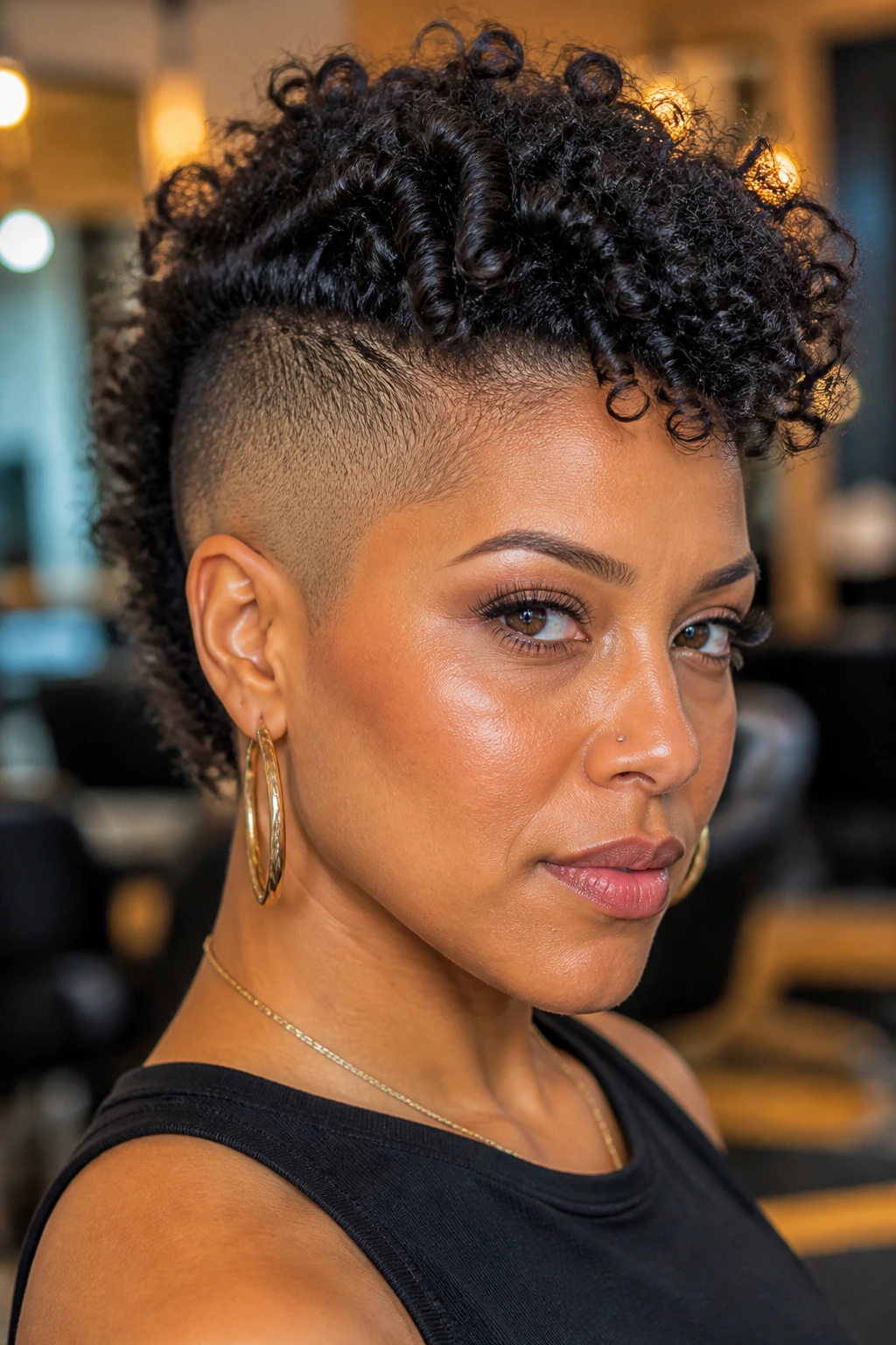 Close-up of a person with razor-faded curly mohawk and dense curls on top