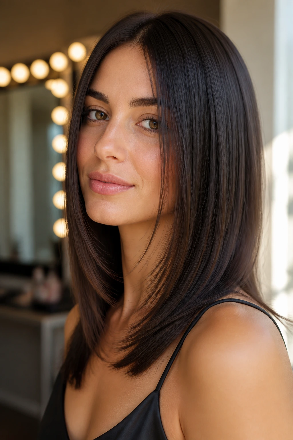 Close-up of a real person with sleek hair and feathered ends under warm dressing room lighting
