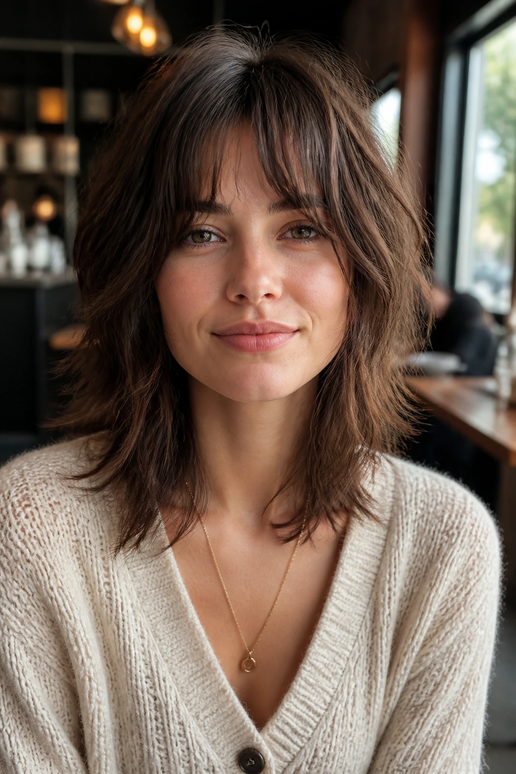Real person with razor-feathered wolf cut on fine hair