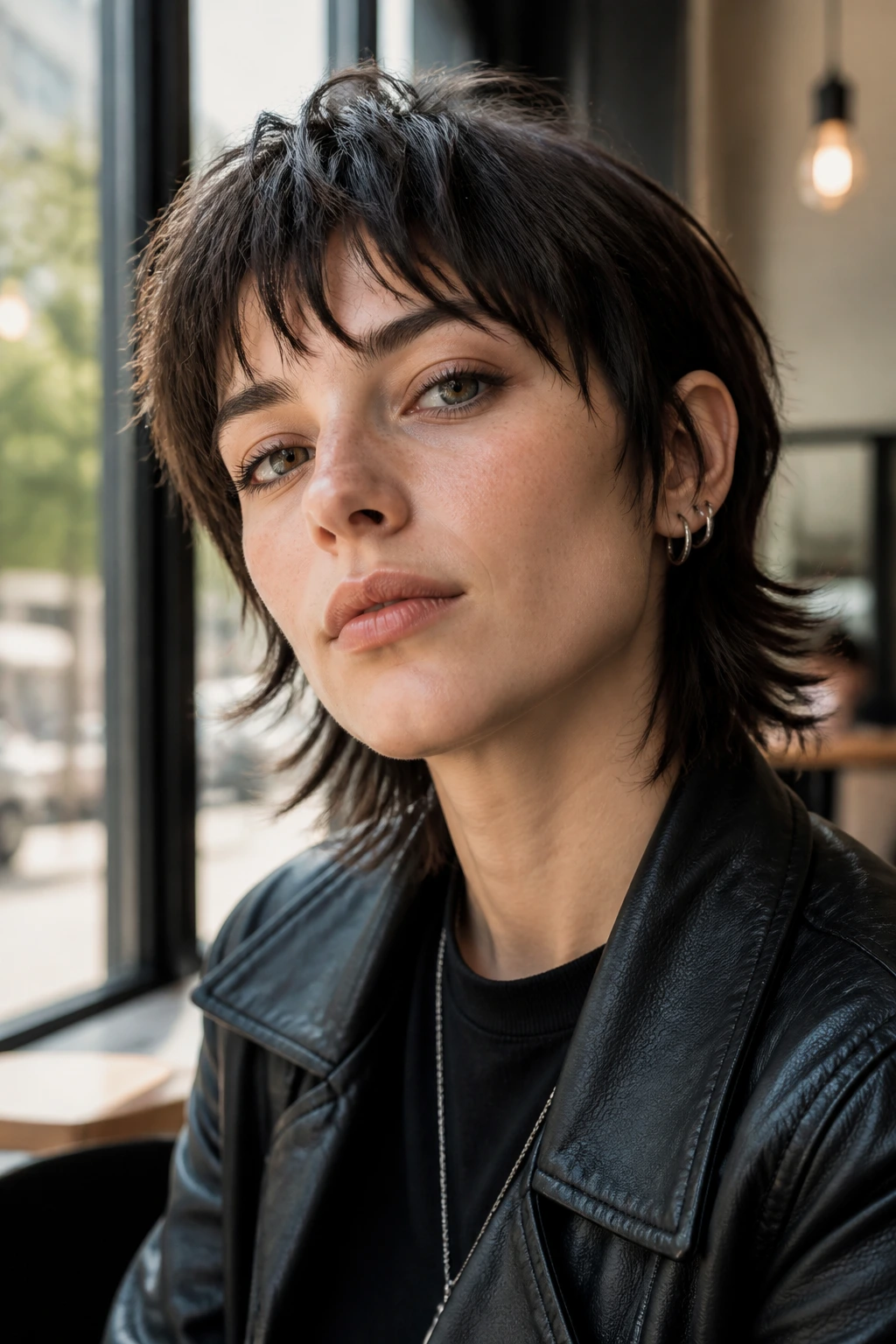 Portrait of a real person with razor-flick wolf cut showing feathered ends