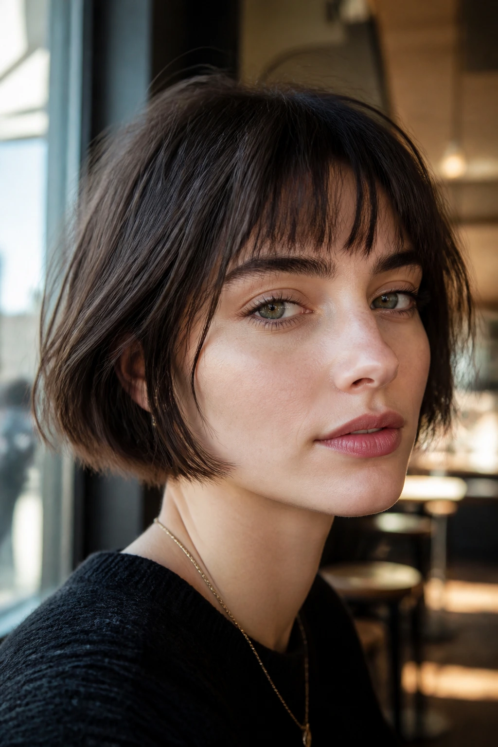 Real person with razor-feather fringe on French bob in cafe light