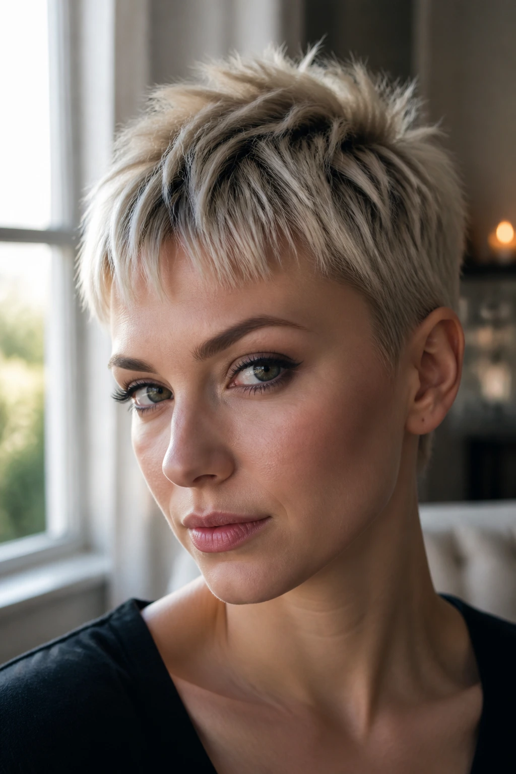 Close-up of a real woman with a razor fringe spike cut hairstyle