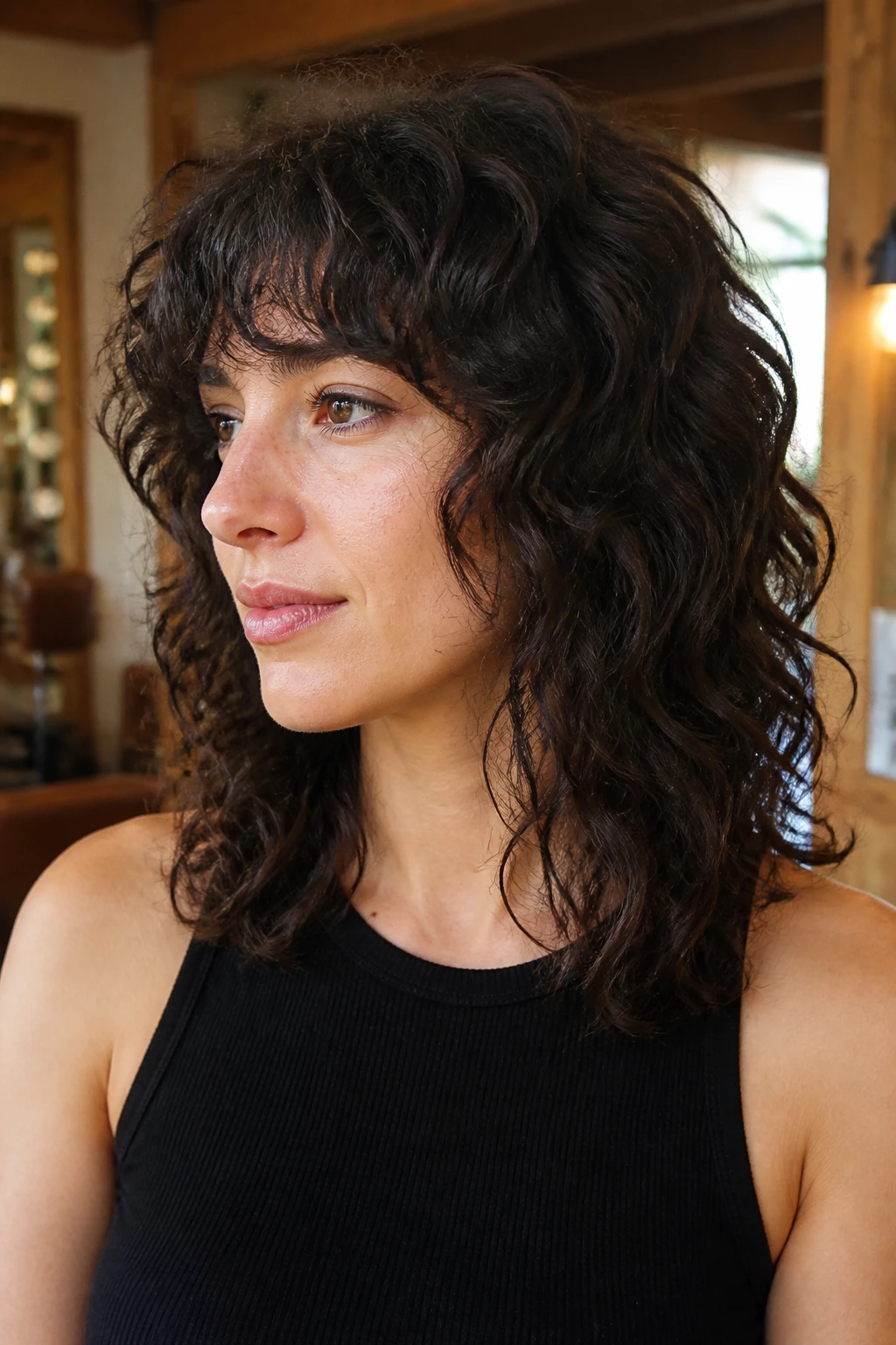 Close-up of a real woman with razor-layered curly hair at shoulder length in a sunlit salon