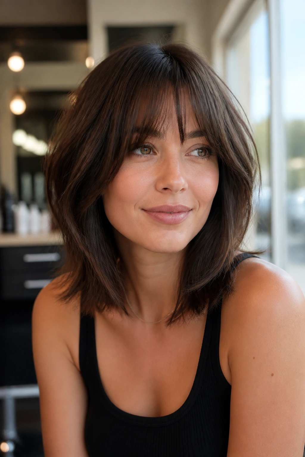 Close-up of a woman with razor-layered lob and bottleneck bangs.