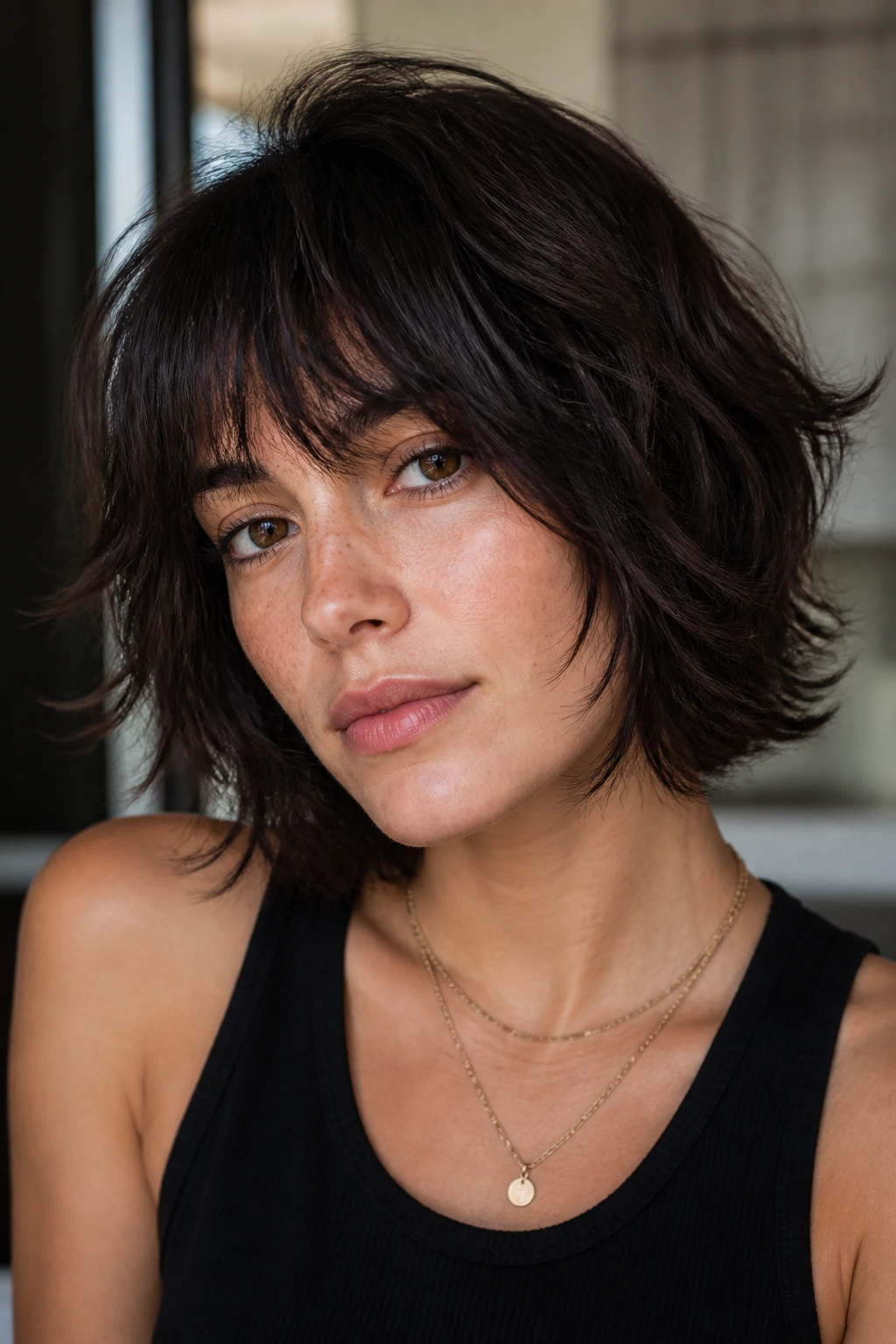 Close-up of a real woman with soft razor-layered wolf bob