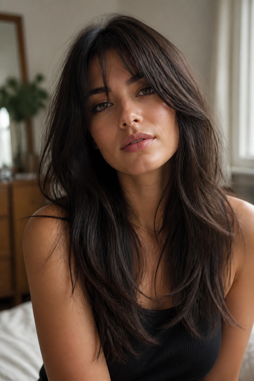 Close-up portrait of a real woman with razor-cut layers and bottleneck bangs in warm light