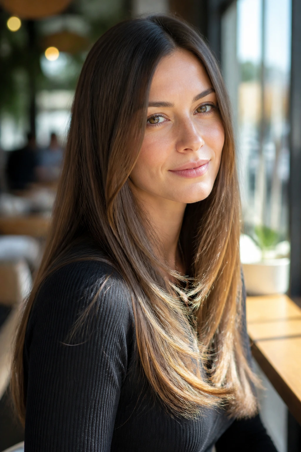 Close-up of a real woman with subtle razor layers on straight hair