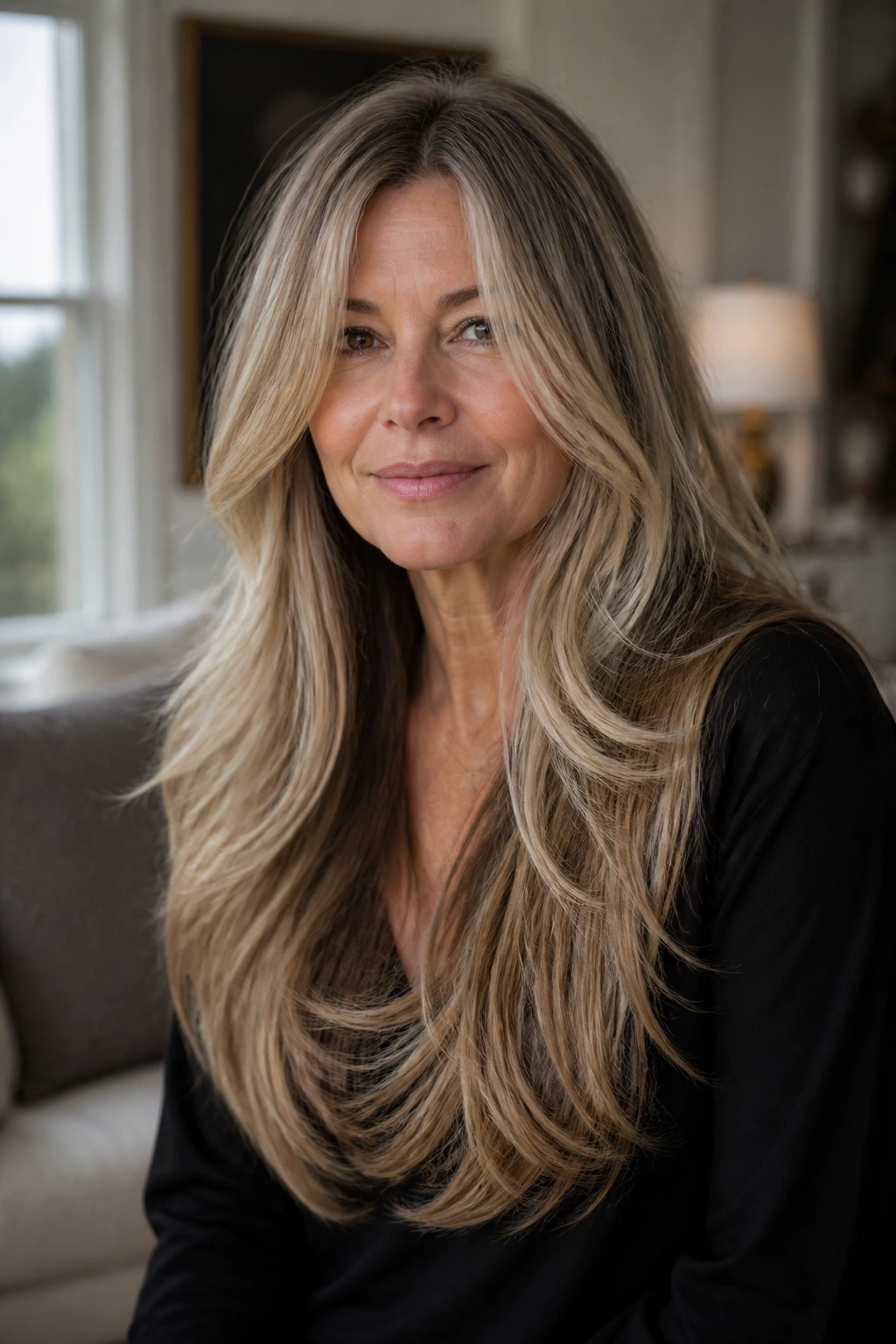 Close-up of a woman with long hair and feathered razor-lite ends.