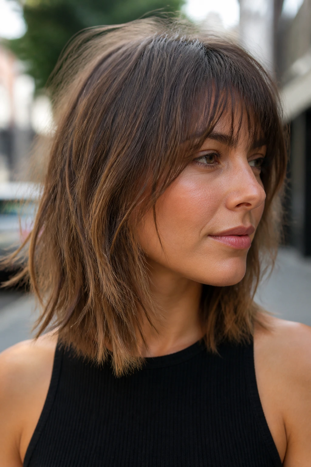 Portrait of a woman with Razor-Lite lob shag on shoulder-length hair in urban daylight