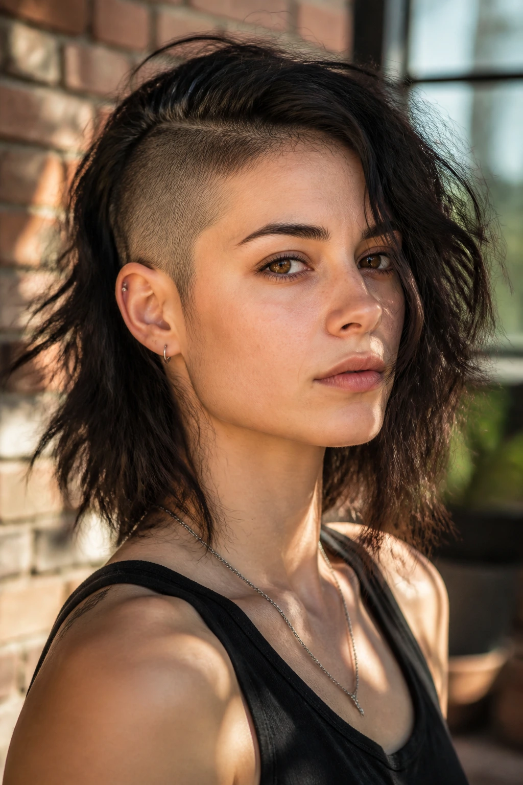 Close-up portrait of a real person with tousled razor lob and asymmetrical buzz, longer top and shorter side.