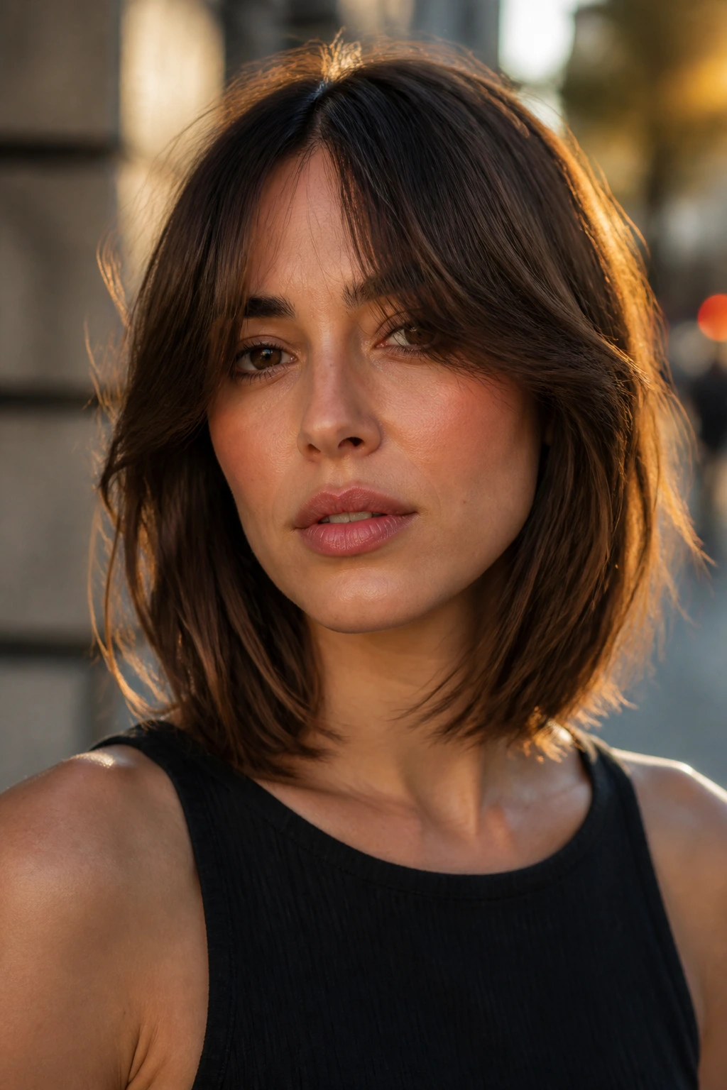 Close-up portrait of a real person with a razor-cut lob and curtain bangs