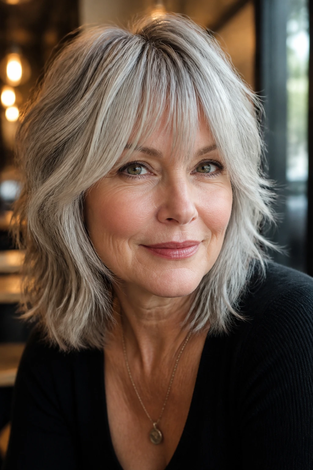 Older woman with soft razor lob and bottleneck bangs in a warm interior.