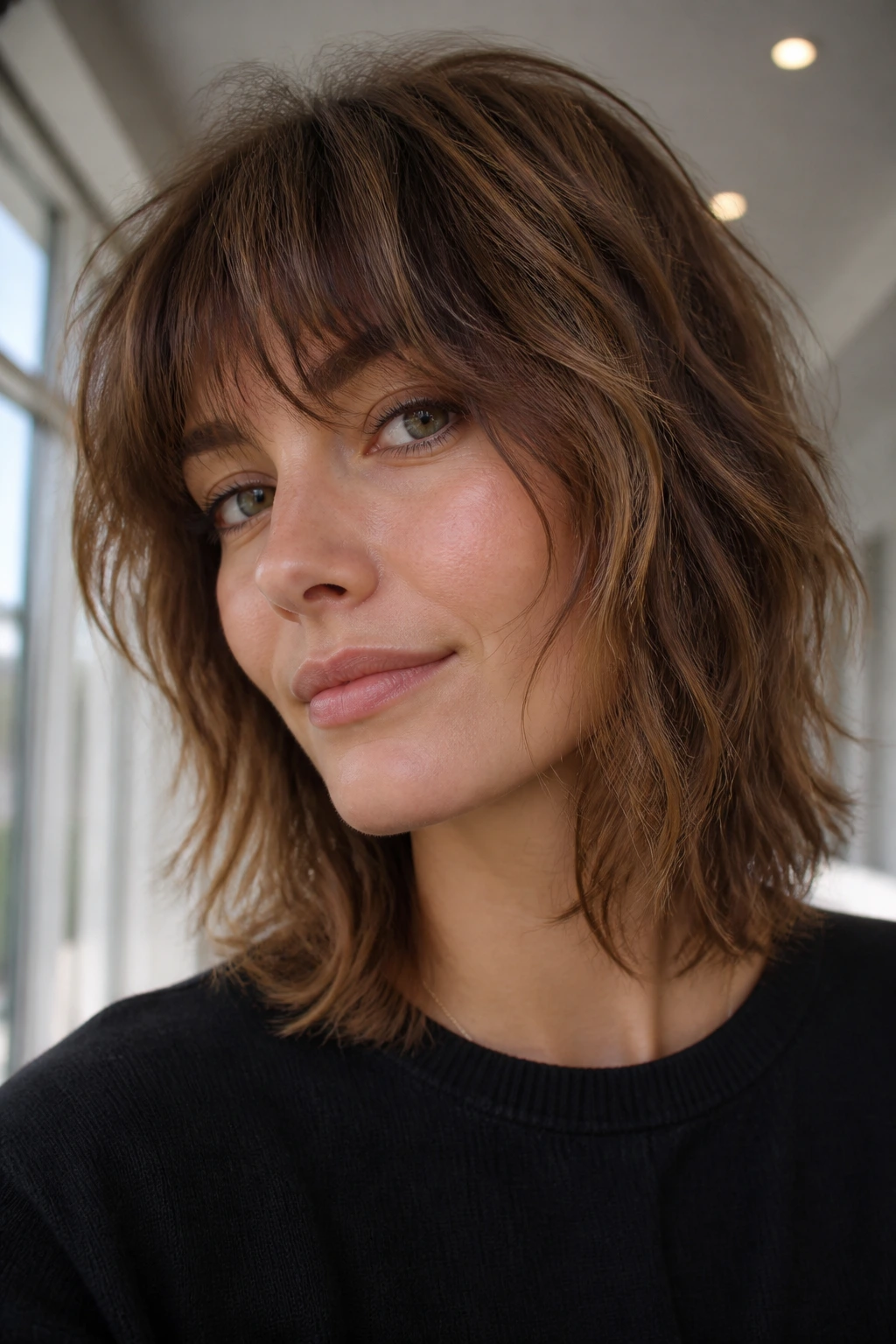 Portrait of person with razor-lob shag showing inner texture and clean edge
