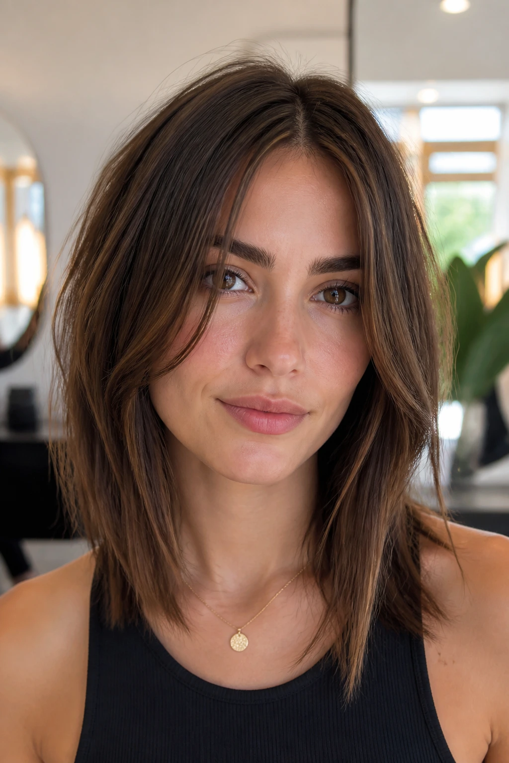 Portrait of a real woman with Razor Lob Shag straight hair and collarbone length