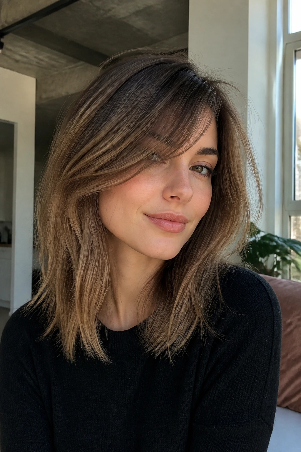 Portrait of a real woman with a razor-cut midi haircut and side-swept bangs in a modern apartment