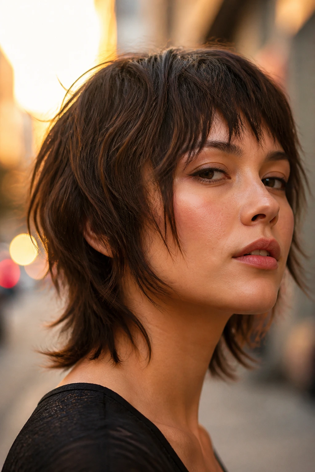 Close-up real woman with razor-mullet bob and shattered fringe.