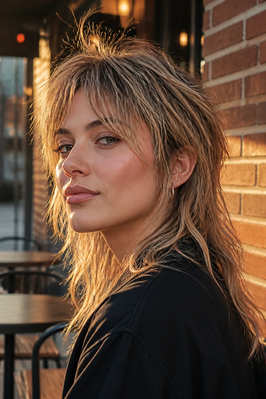 Close-up of a real woman with a razor mullet wolf cut outdoors
