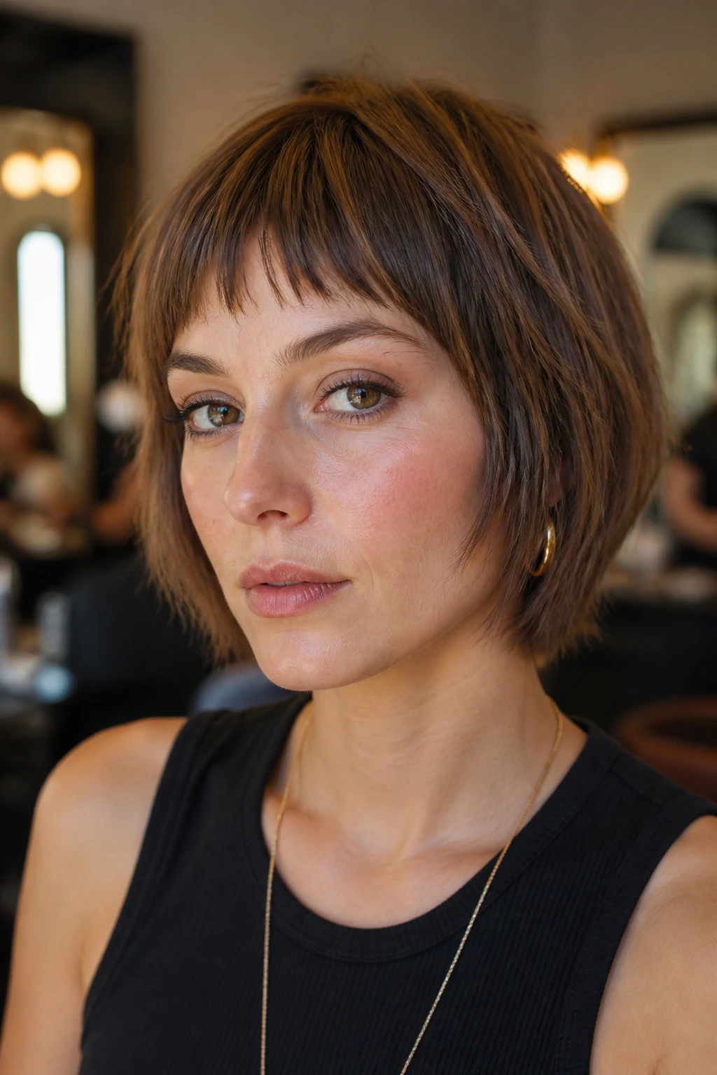Real woman with razor pageboy shag and narrow bangs.