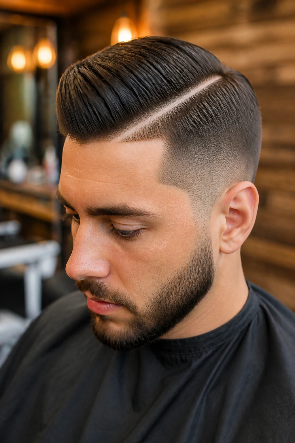 Close-up portrait of a man with razor-part comb over in a barbershop