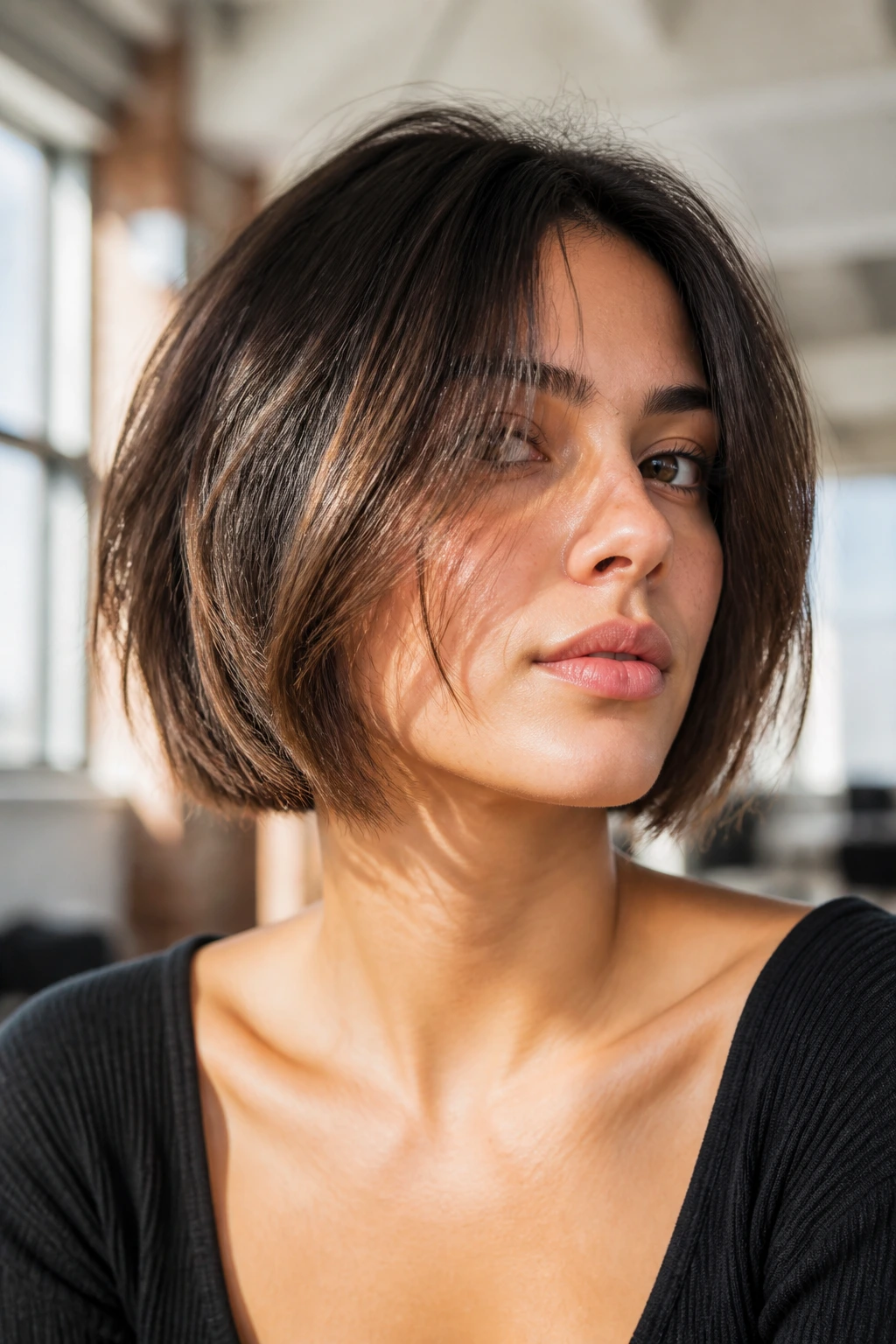 Close-up portrait of a real woman with Razor-Piece Bob, sliced feathered ends
