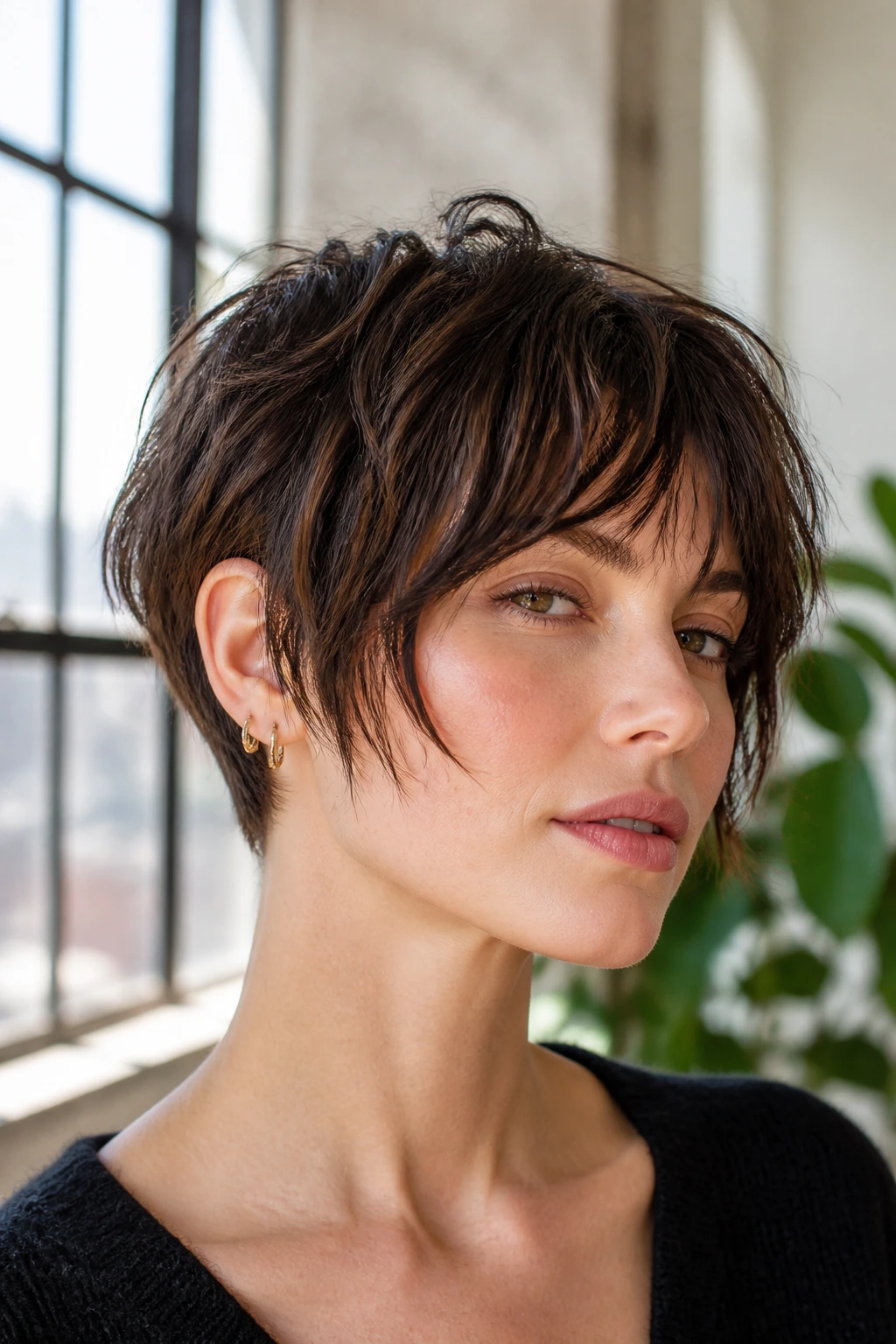 Real woman with razor-piecey pixie bob in a bright loft setting