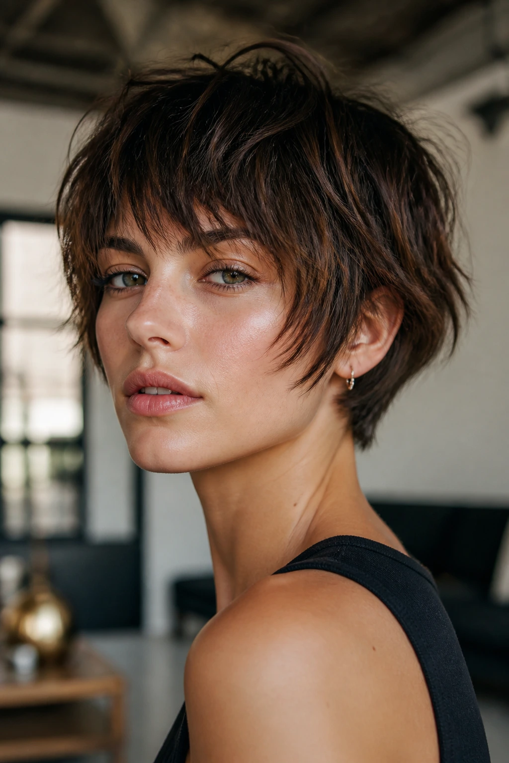 Close-up portrait of a real person with Razor Pixie-Bob Shag under soft loft lighting