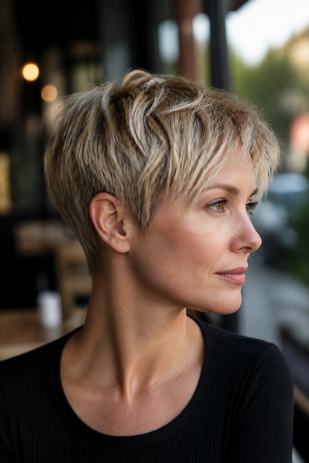 Portrait of a person with a choppy razor pixie hairstyle