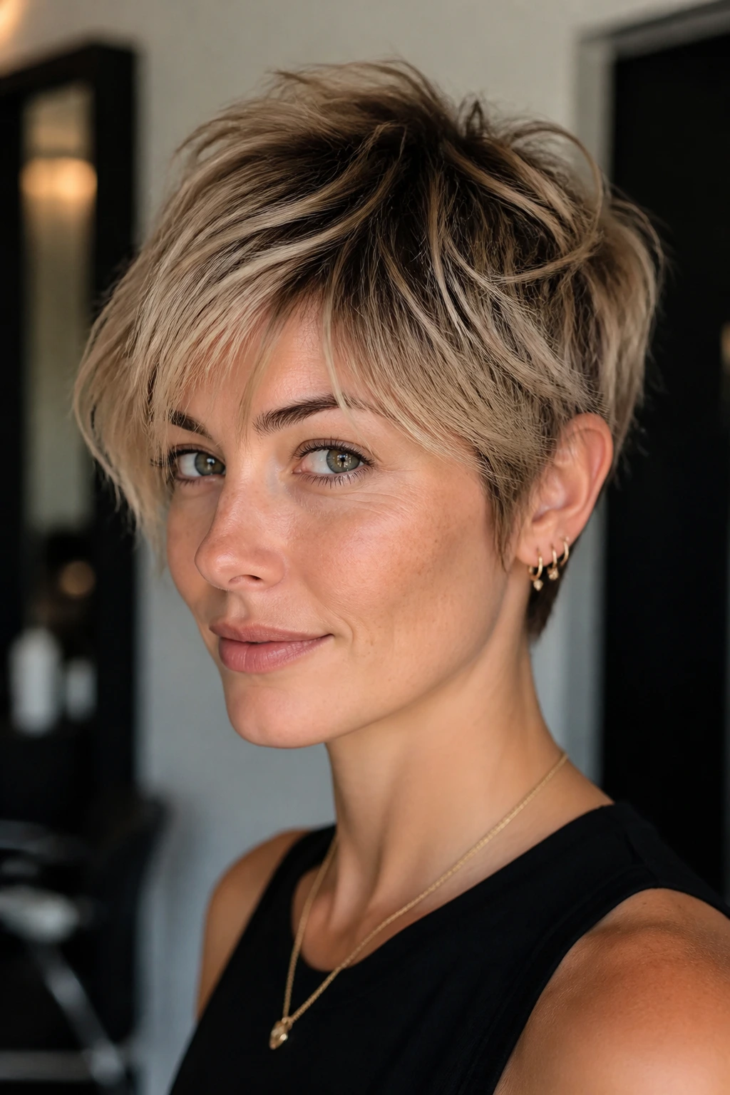 Close-up of a real person with layered razor pixie and grown-out fringe