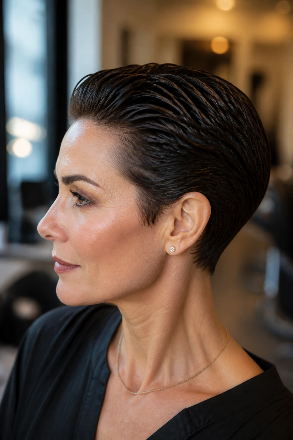 Close-up portrait of a real woman with slicked-back razor pixie in a salon