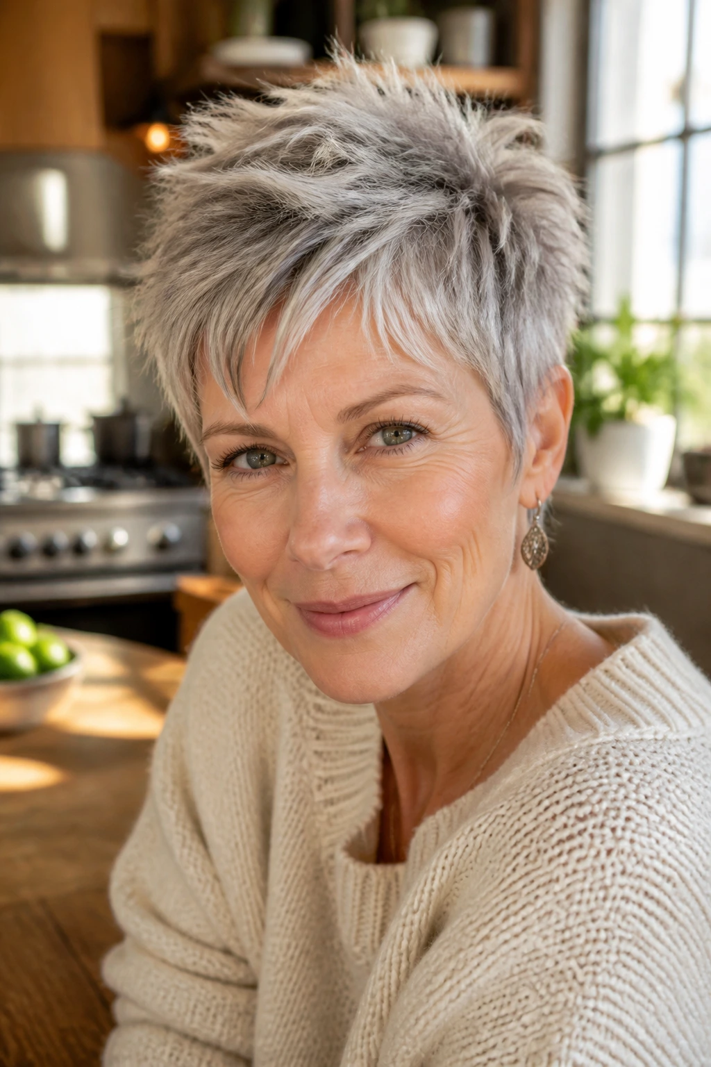 Real woman with razor-piecey pixie showing textured ends.