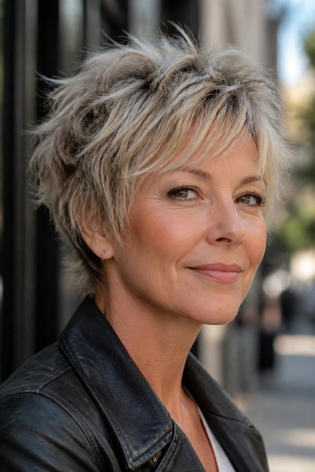 Close-up portrait of a person with razor pixie shag hairstyle