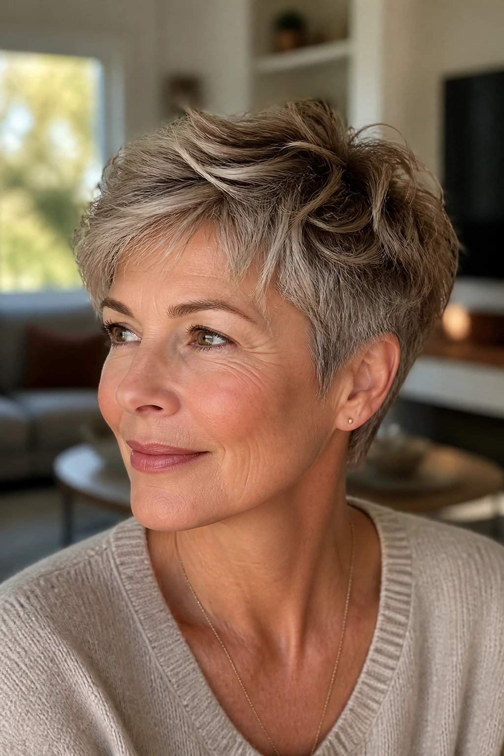 Close-up of a real woman with razor-textured pixie and soft ends