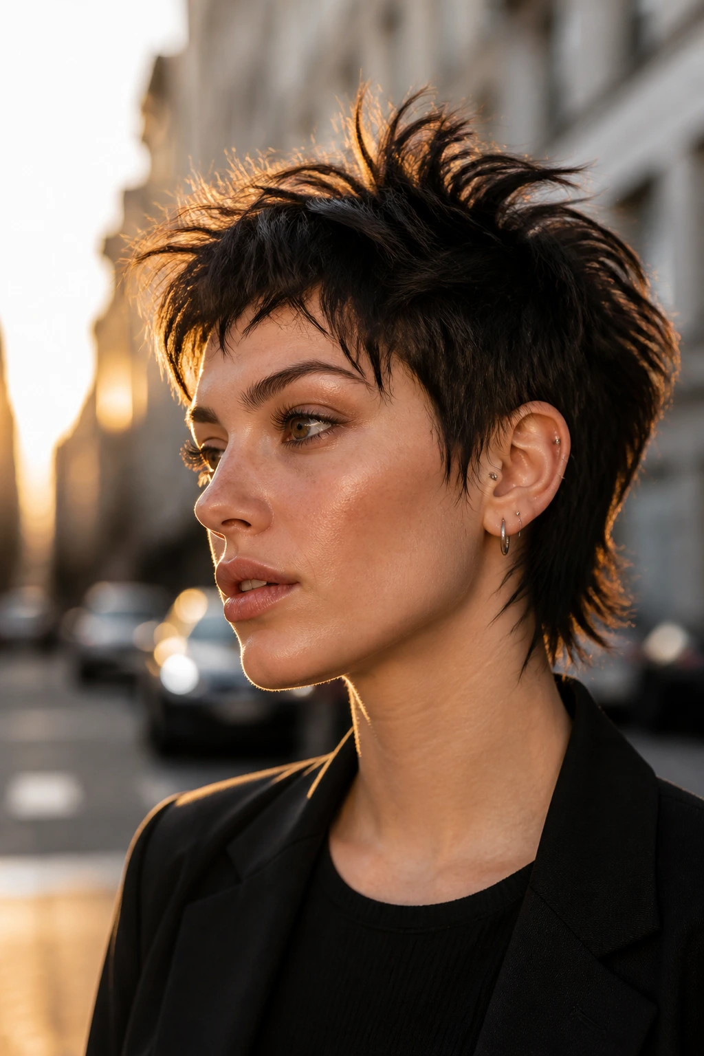 Close-up of real person with razor pixie wolf cut and airy razor-cut edges