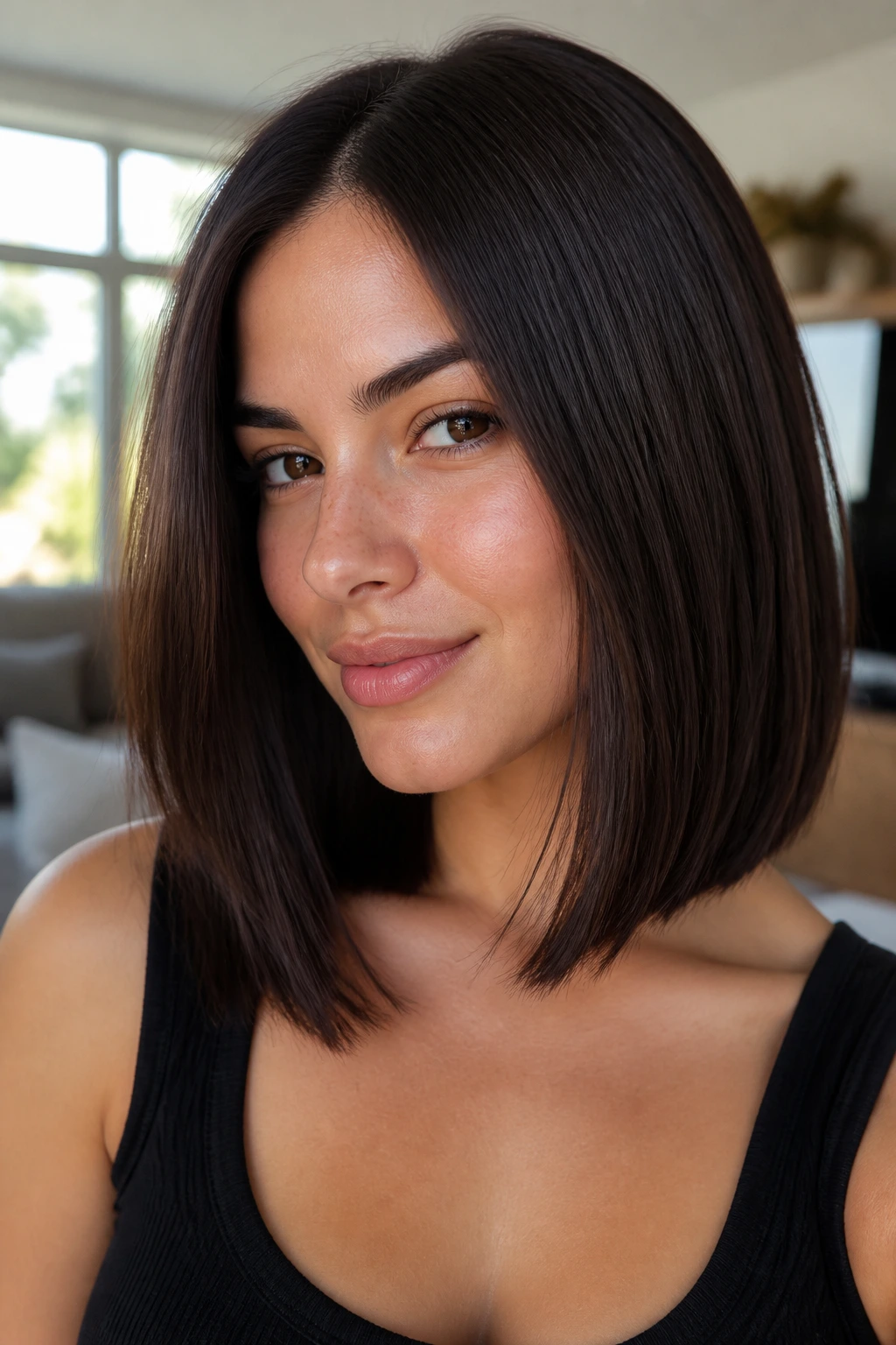 Close-up portrait of a real woman with razor-refined lob for dense hair and smooth finish