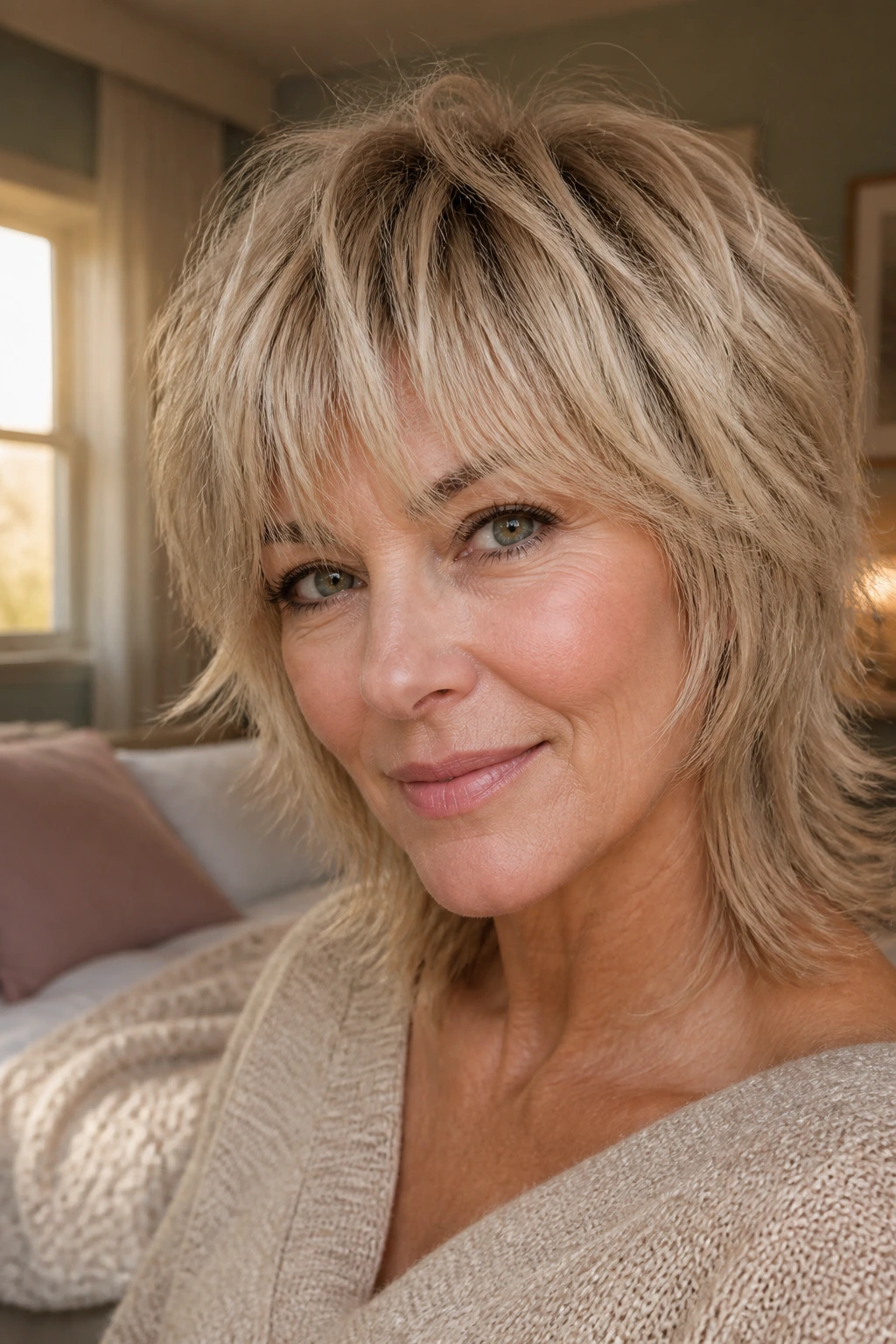 Portrait of a real woman with a razor-cut shag and wispy fringe in beige blonde