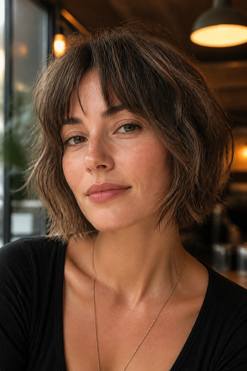 Portrait of a person with chin-length razor shag and bottleneck fringe