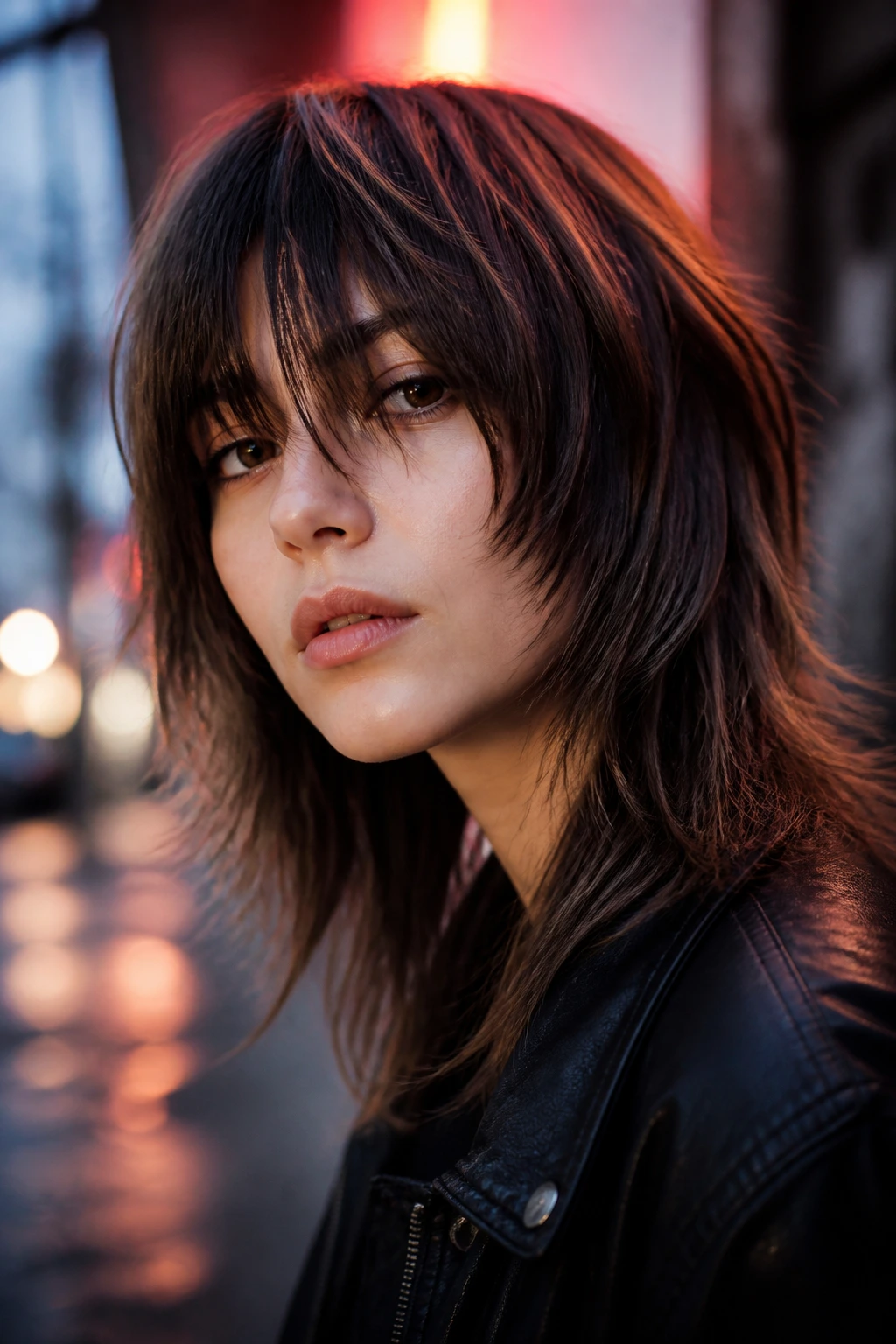 Close-up of a real person with razor shag and bottleneck fringe in urban dusk light.